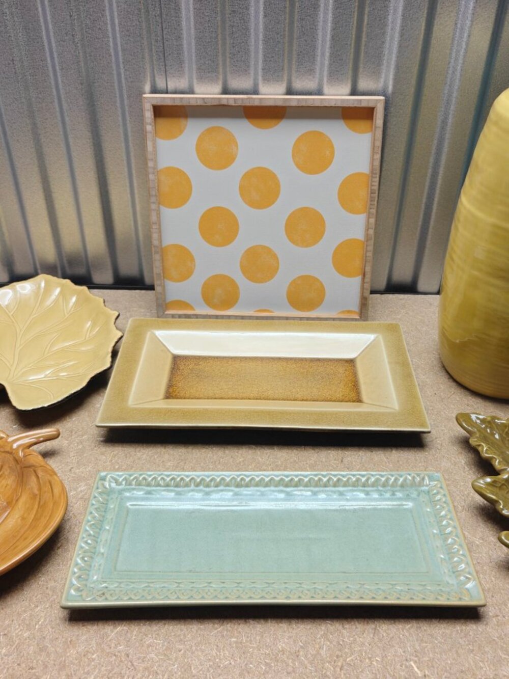 Fall Decor & Serving Lot 7 Pc Vase Trays Leaf & Pumpkin Plates Framed Art